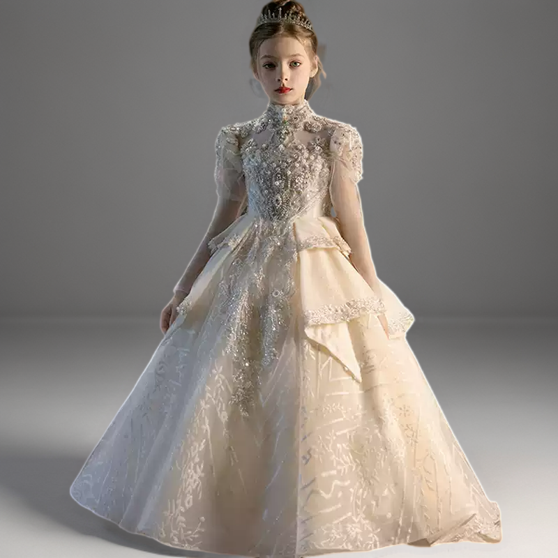 Champagne Embellished Lace Flower Girl Dress with Train – Long Sleeve Flower Girl Dress Plus Size