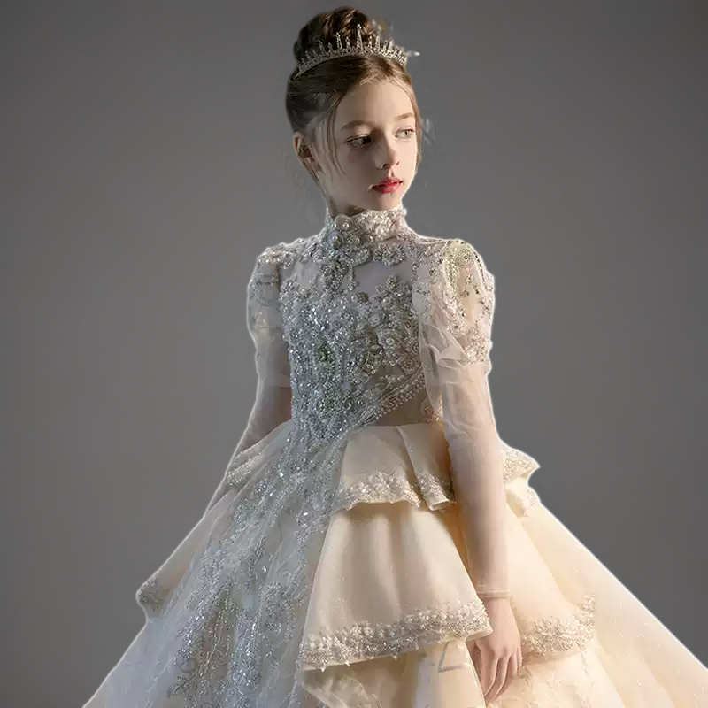 Champagne Embellished Lace Flower Girl Dress with Train – Long Sleeve Flower Girl Dress Plus Size