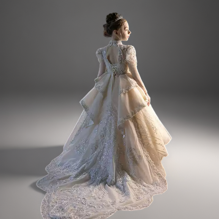 Champagne Embellished Lace Flower Girl Dress with Train – Long Sleeve Flower Girl Dress Plus Size