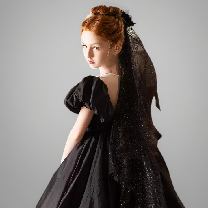 Black Satin Flower Girl Dress with Puff Sleeves – Special Occasion Flower Girl Dress with Train Plus Size