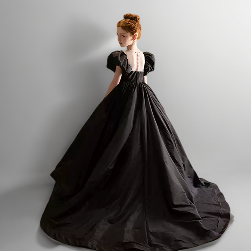 Black Satin Flower Girl Dress with Puff Sleeves – Special Occasion Flower Girl Dress with Train Plus Size