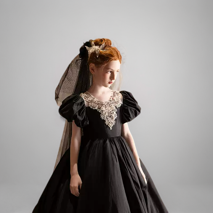 Black Satin Flower Girl Dress with Puff Sleeves – Special Occasion Flower Girl Dress with Train Plus Size