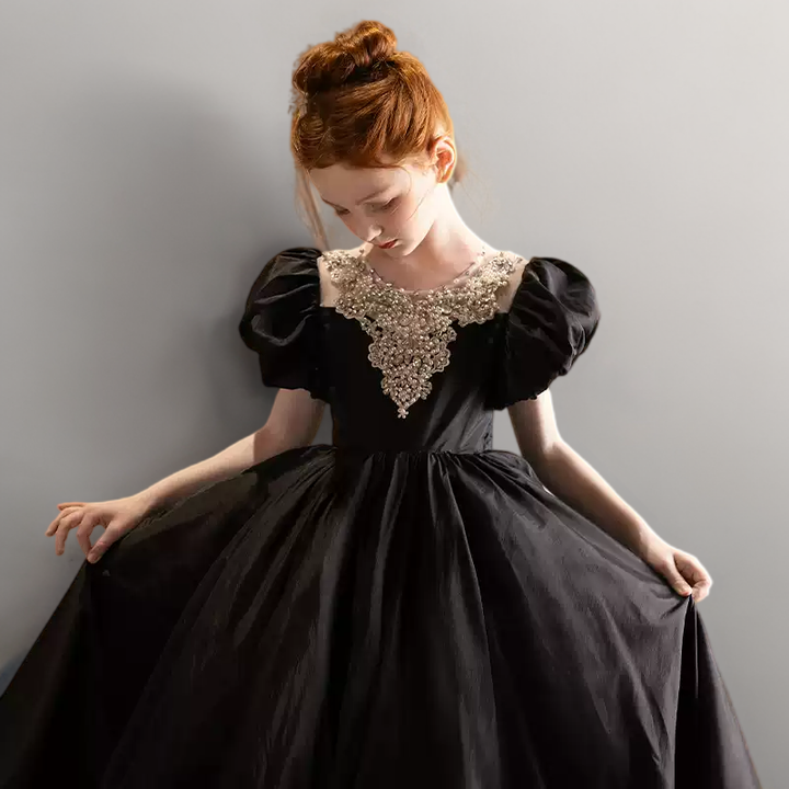 Black Satin Flower Girl Dress with Puff Sleeves – Special Occasion Flower Girl Dress with Train Plus Size