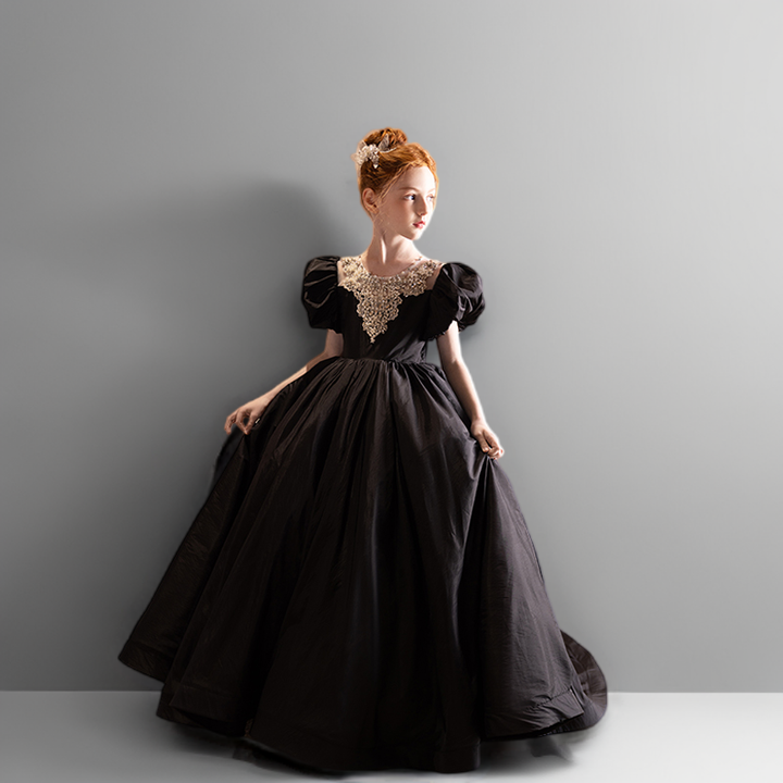 Black Satin Flower Girl Dress with Puff Sleeves – Special Occasion Flower Girl Dress with Train Plus Size