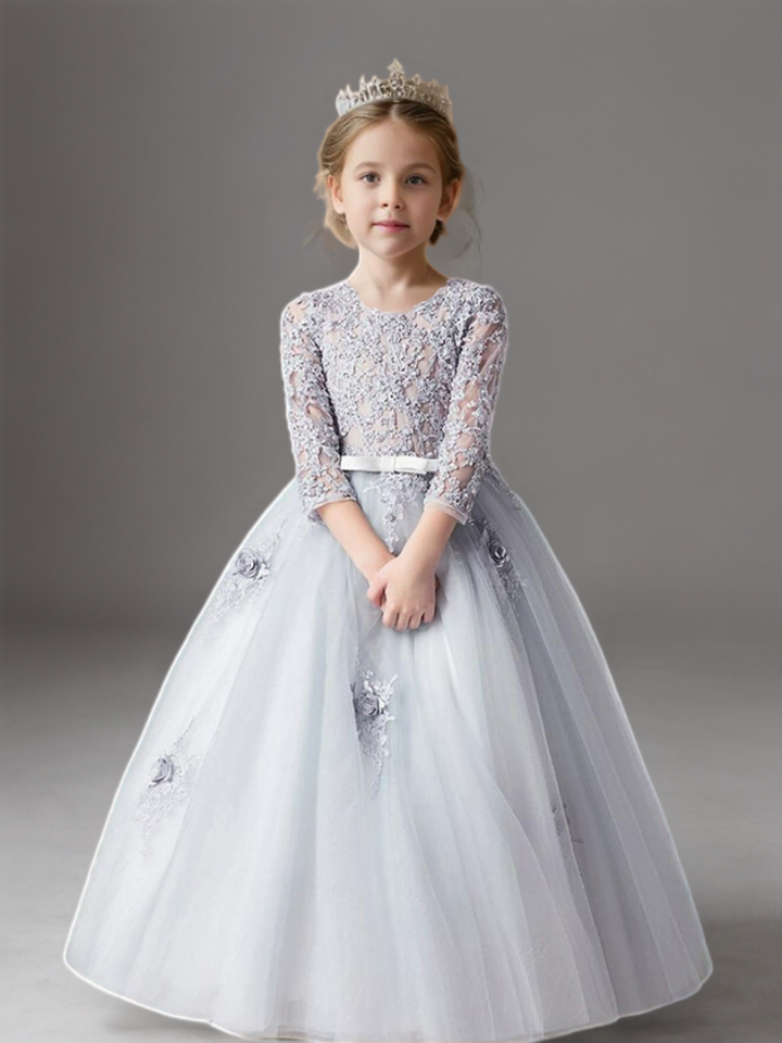 Grey Lace Long Sleeve Flower Girl Dress with Tulle Skirt – Elegant Special Occasion Flower Girl Dress Plus Size