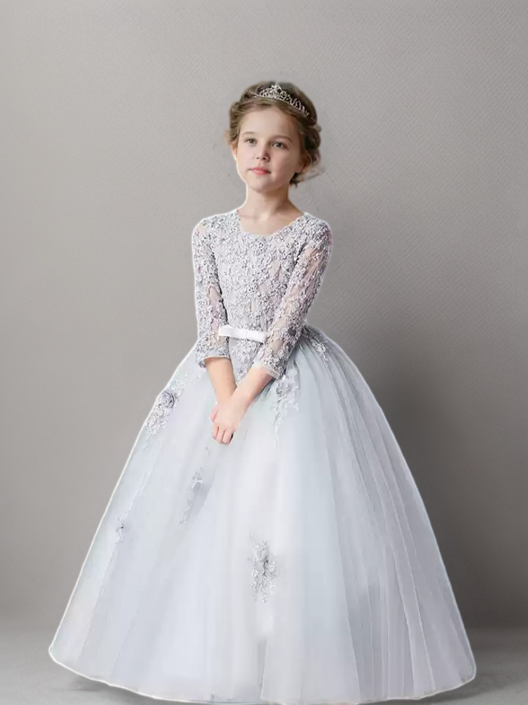 Grey Lace Long Sleeve Flower Girl Dress with Tulle Skirt – Elegant Special Occasion Flower Girl Dress Plus Size