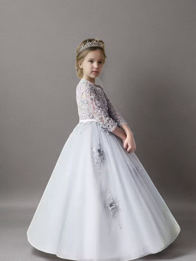 Grey Lace Long Sleeve Flower Girl Dress with Tulle Skirt – Elegant Special Occasion Flower Girl Dress Plus Size