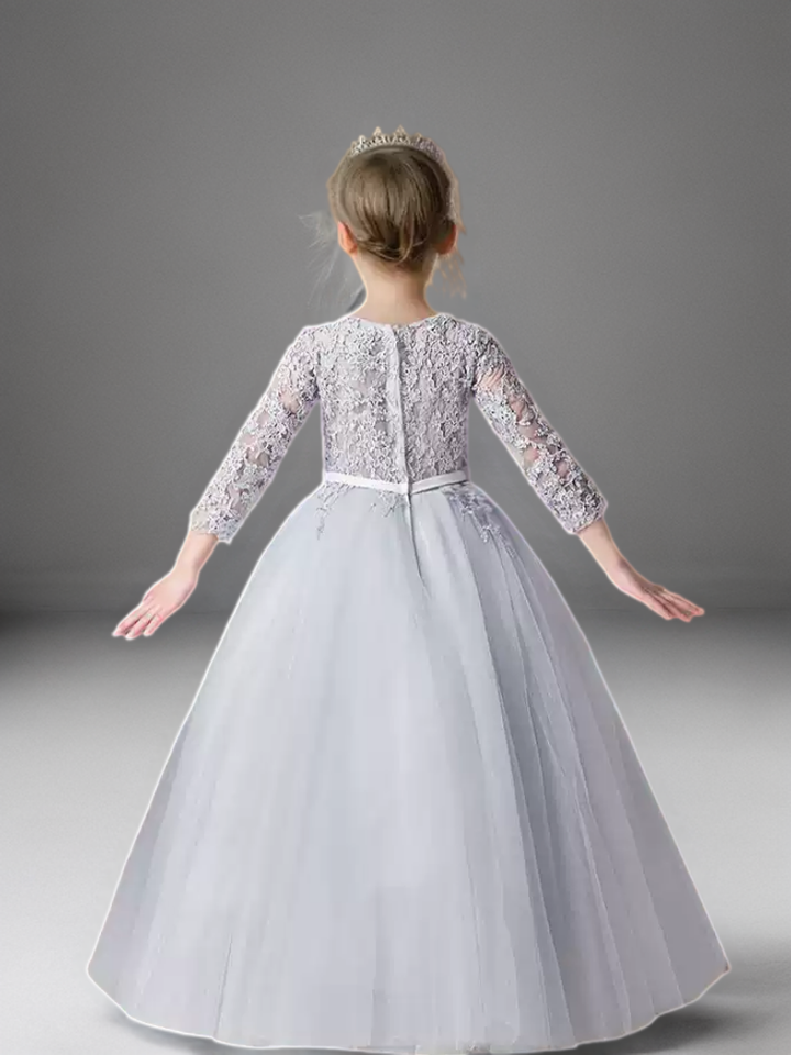 Grey Lace Long Sleeve Flower Girl Dress with Tulle Skirt – Elegant Special Occasion Flower Girl Dress Plus Size