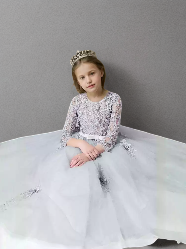 Grey Lace Long Sleeve Flower Girl Dress with Tulle Skirt – Elegant Special Occasion Flower Girl Dress Plus Size