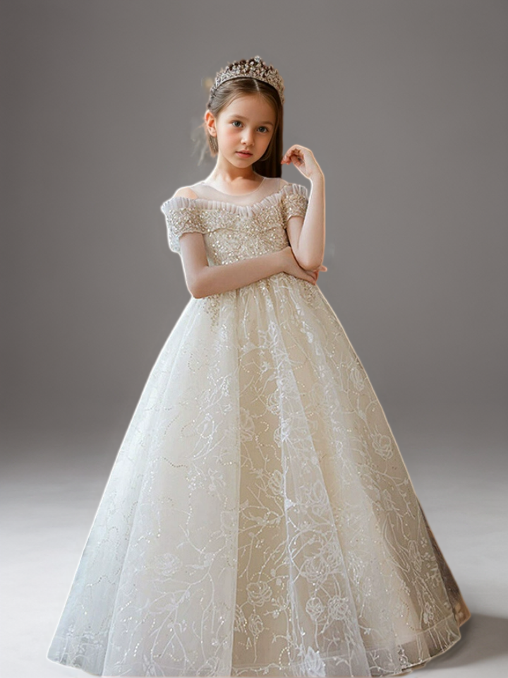 Champagne Off Shoulder Flower Girl Dress with Beaded Bodice – Lace Flower Girl Dress with Tulle Plus Size