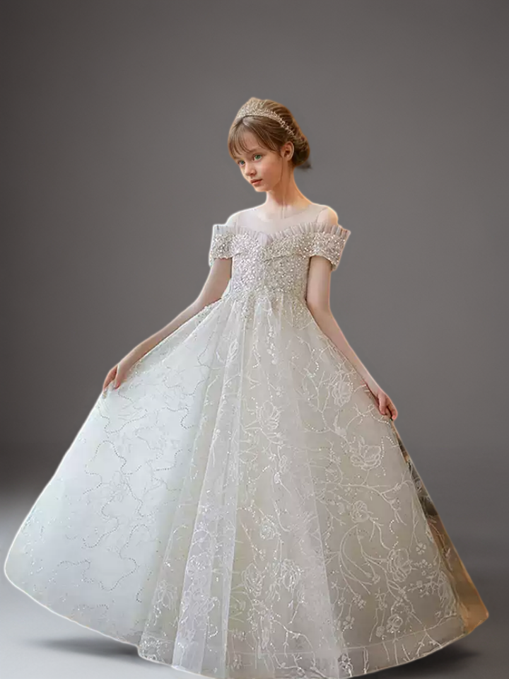 Champagne Off Shoulder Flower Girl Dress with Beaded Bodice – Lace Flower Girl Dress with Tulle Plus Size