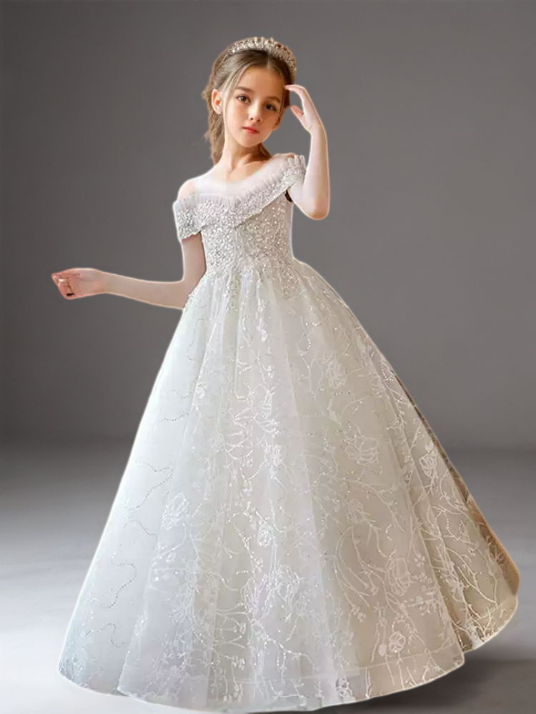 Champagne Off Shoulder Flower Girl Dress with Beaded Bodice – Lace Flower Girl Dress with Tulle Plus Size
