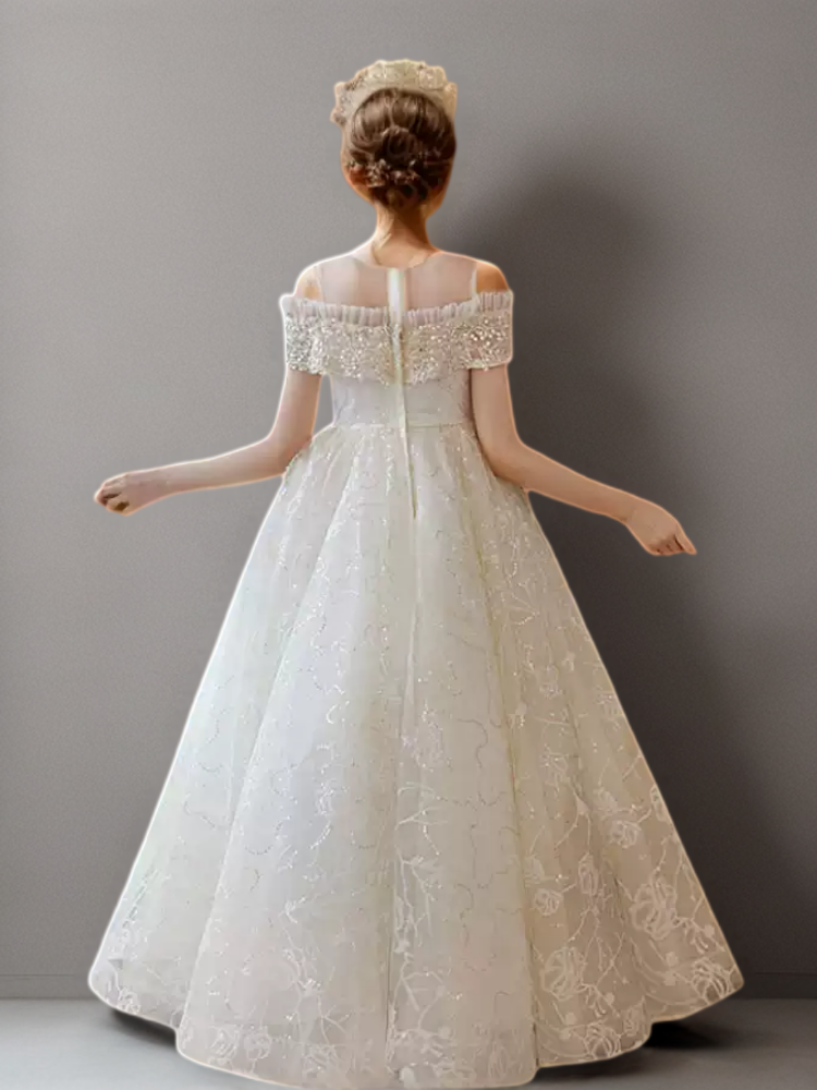 Champagne Off Shoulder Flower Girl Dress with Beaded Bodice – Lace Flower Girl Dress with Tulle Plus Size