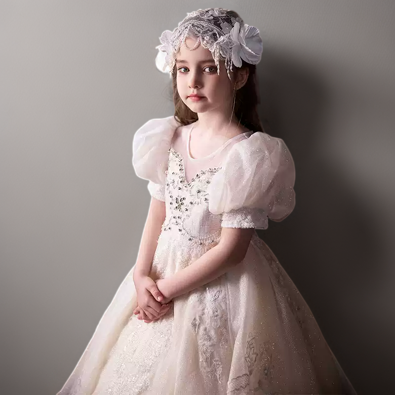 Champagne Puff Sleeve Flower Girl Dress with Beaded Bodice – Elegant Lace Flower Girl Dress Plus Size
