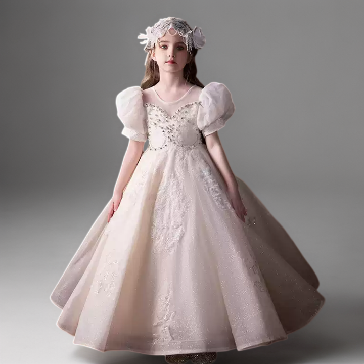 Champagne Puff Sleeve Flower Girl Dress with Beaded Bodice – Elegant Lace Flower Girl Dress Plus Size