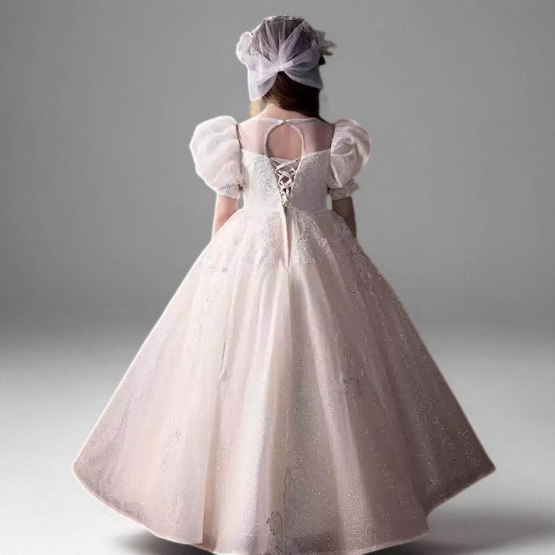 Champagne Puff Sleeve Flower Girl Dress with Beaded Bodice – Elegant Lace Flower Girl Dress Plus Size
