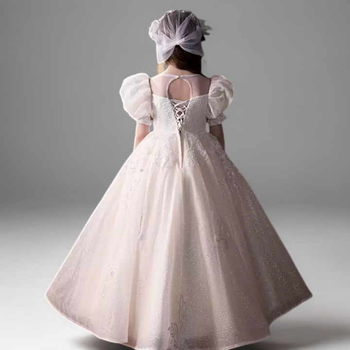 Champagne Puff Sleeve Flower Girl Dress with Beaded Bodice – Elegant Lace Flower Girl Dress Plus Size