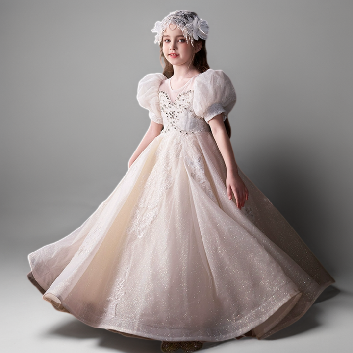 Champagne Puff Sleeve Flower Girl Dress with Beaded Bodice – Elegant Lace Flower Girl Dress Plus Size