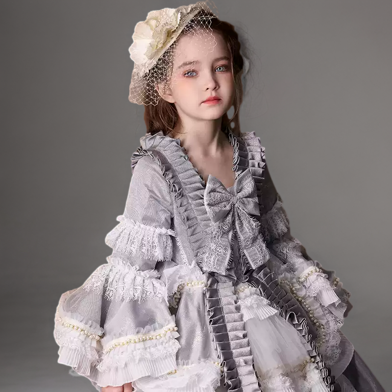 Grey Rococo Inspired Flower Girl Dress with Lace Ruffles – Long Sleeve Flower Girl Dress Plus Size