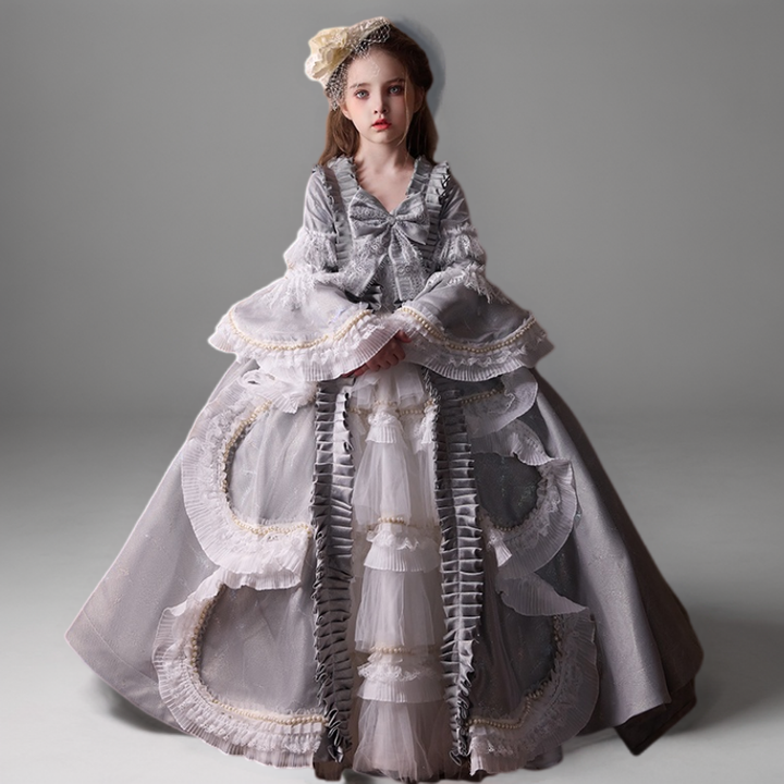 Grey Rococo Inspired Flower Girl Dress with Lace Ruffles – Long Sleeve Flower Girl Dress Plus Size