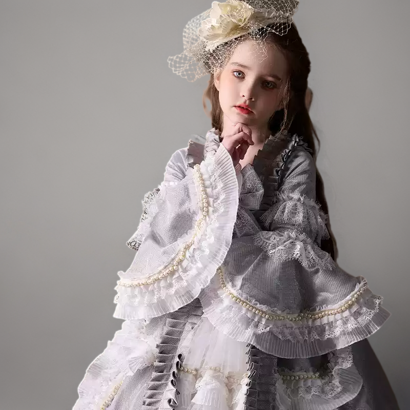 Grey Rococo Inspired Flower Girl Dress with Lace Ruffles – Long Sleeve Flower Girl Dress Plus Size