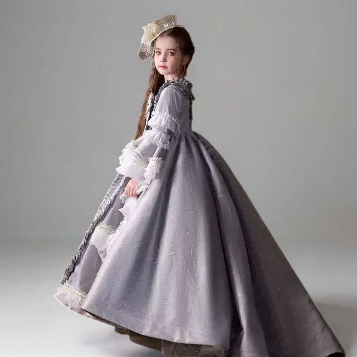 Grey Rococo Inspired Flower Girl Dress with Lace Ruffles – Long Sleeve Flower Girl Dress Plus Size