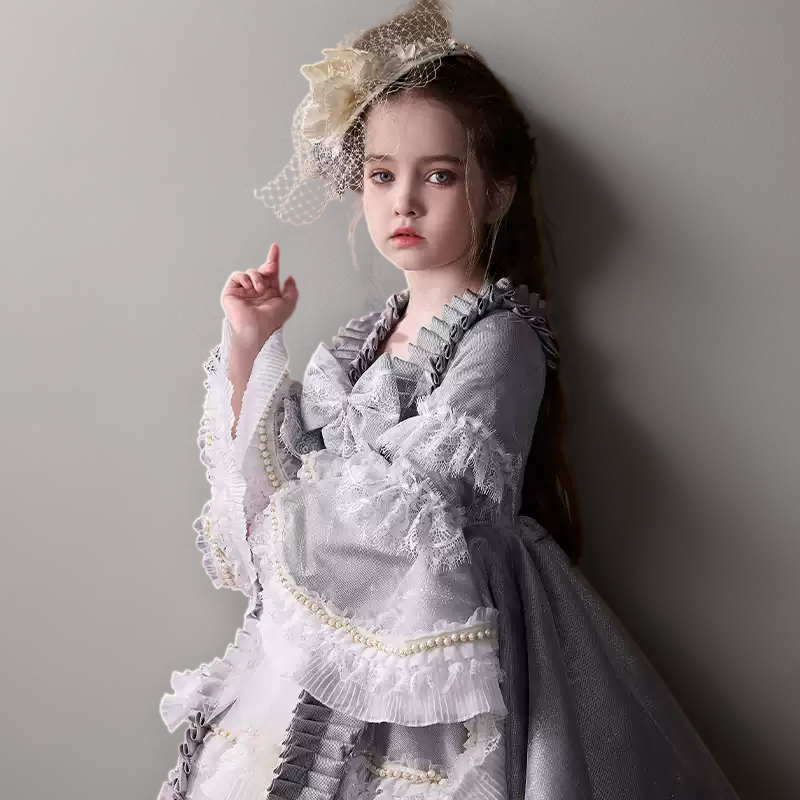 Grey Rococo Inspired Flower Girl Dress with Lace Ruffles – Long Sleeve Flower Girl Dress Plus Size