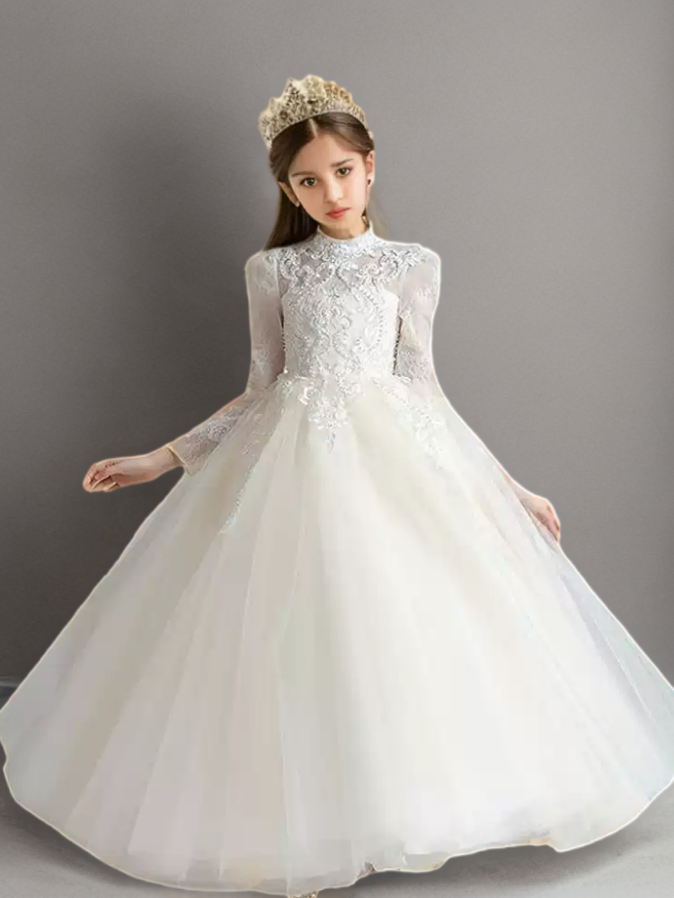 White High Neck Lace Flower Girl Dress with Long Sleeves – Elegant Tulle Flower Girl Dress Plus Size
