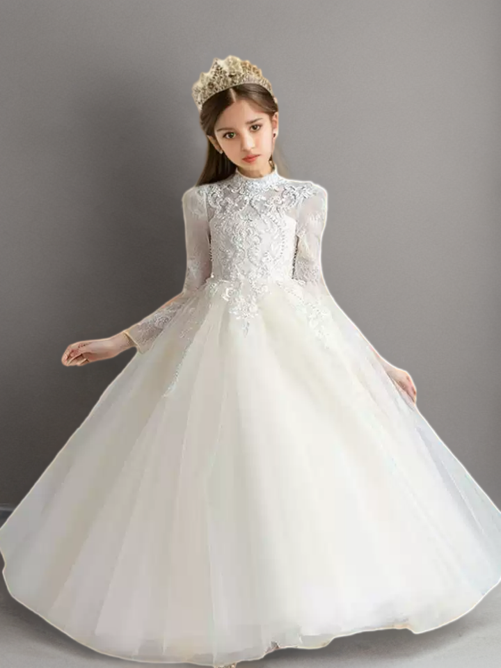 White High Neck Lace Flower Girl Dress with Long Sleeves – Elegant Tulle Flower Girl Dress Plus Size