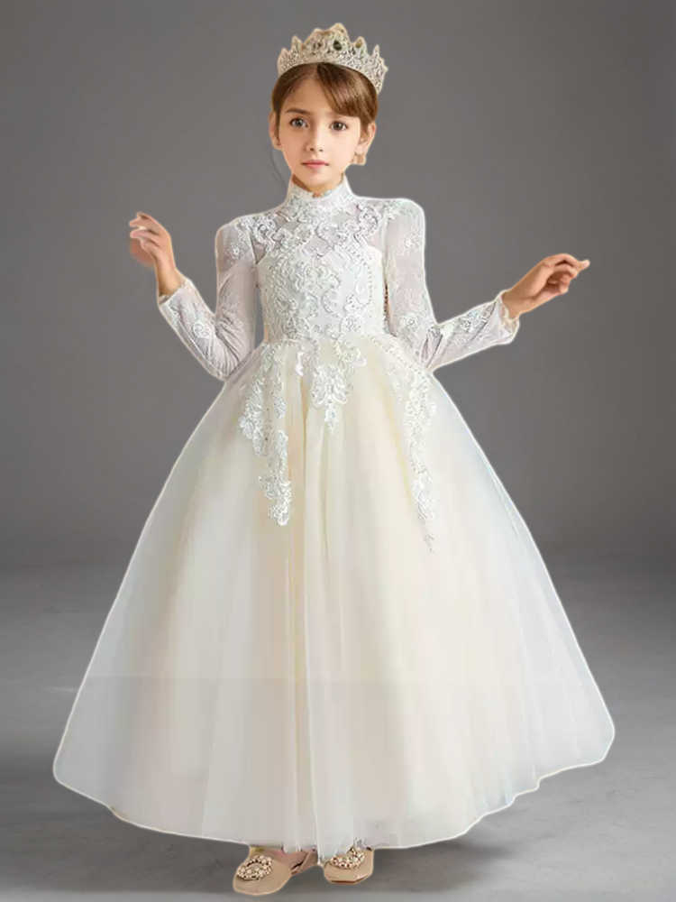 White High Neck Lace Flower Girl Dress with Long Sleeves – Elegant Tulle Flower Girl Dress Plus Size