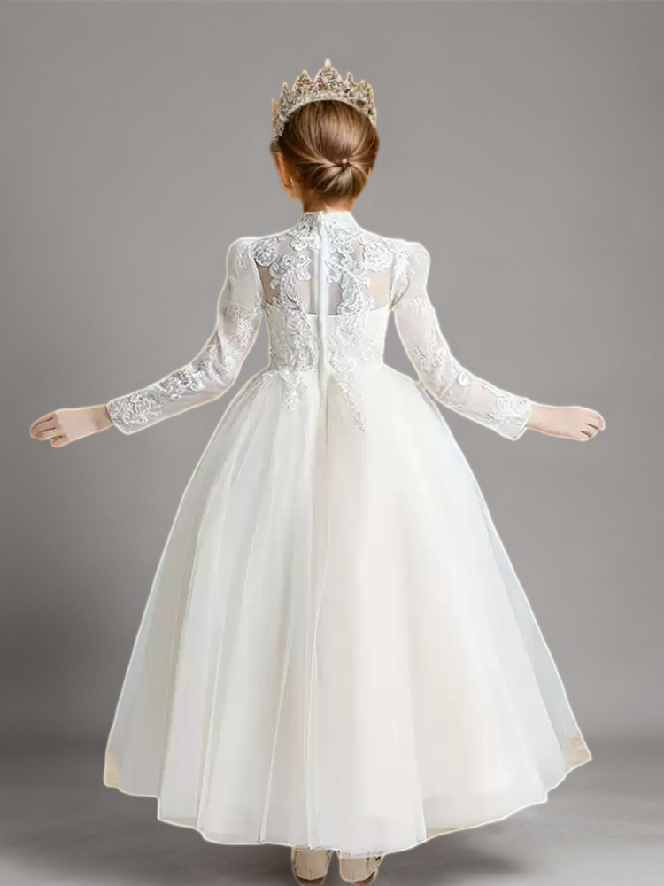 White High Neck Lace Flower Girl Dress with Long Sleeves – Elegant Tulle Flower Girl Dress Plus Size