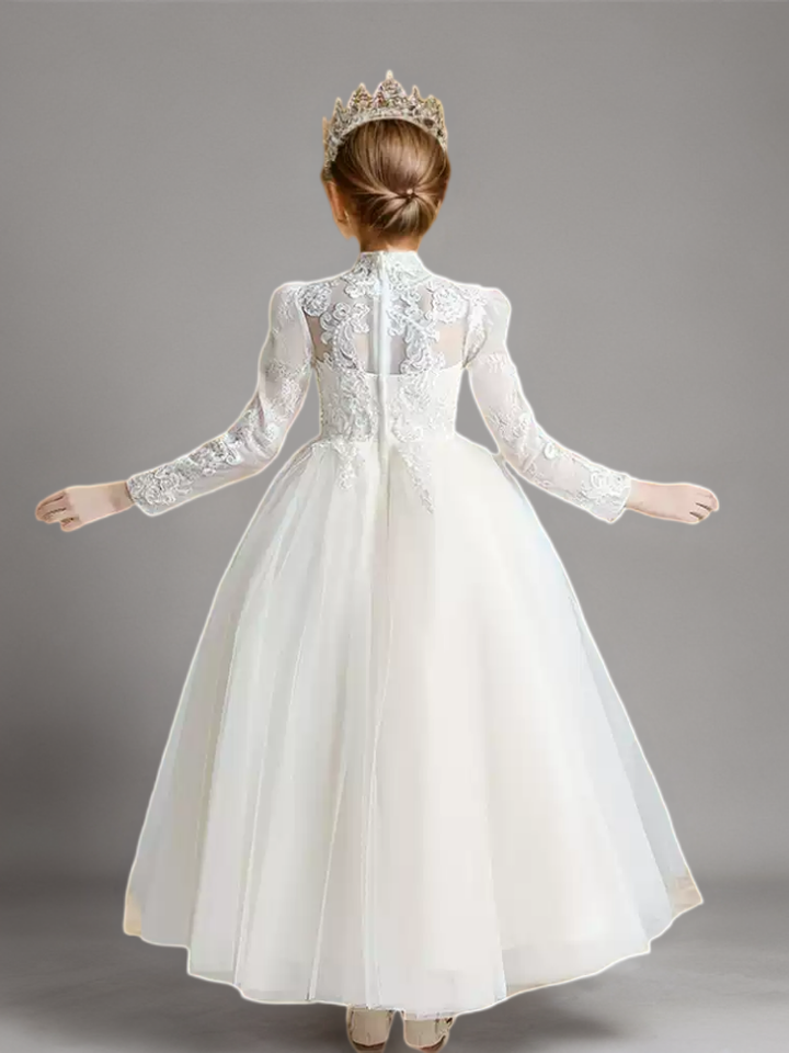 White High Neck Lace Flower Girl Dress with Long Sleeves – Elegant Tulle Flower Girl Dress Plus Size