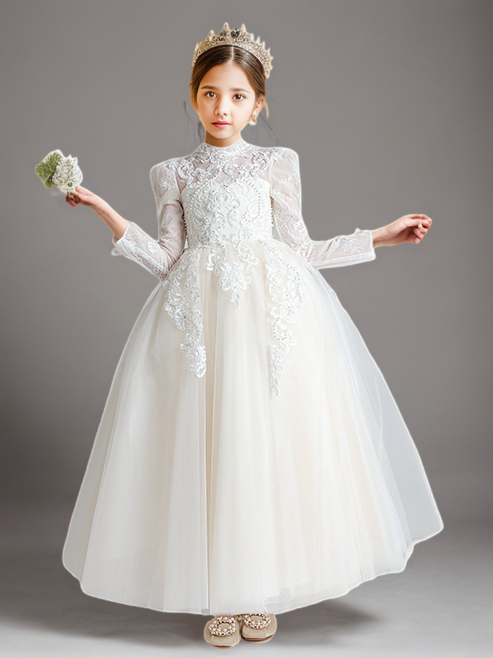 White High Neck Lace Flower Girl Dress with Long Sleeves – Elegant Tulle Flower Girl Dress Plus Size