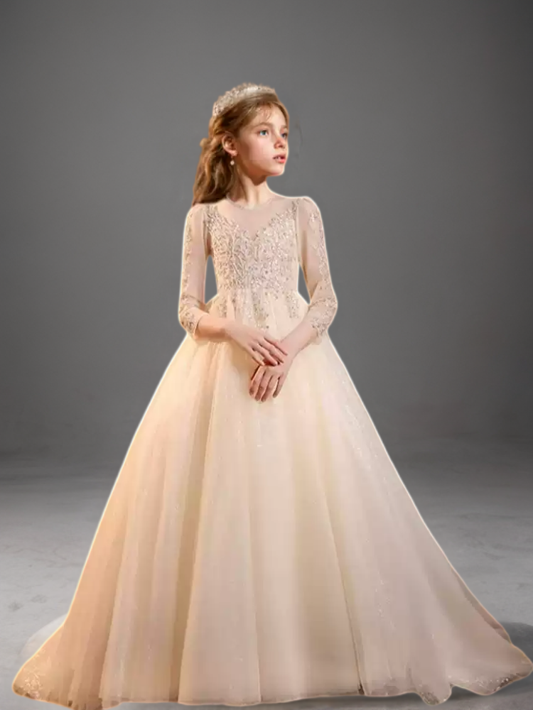 Champagne Lace Appliqué Flower Girl Dress with Sheer Long Sleeves – Tulle Folwer Girl Dress Plus Size