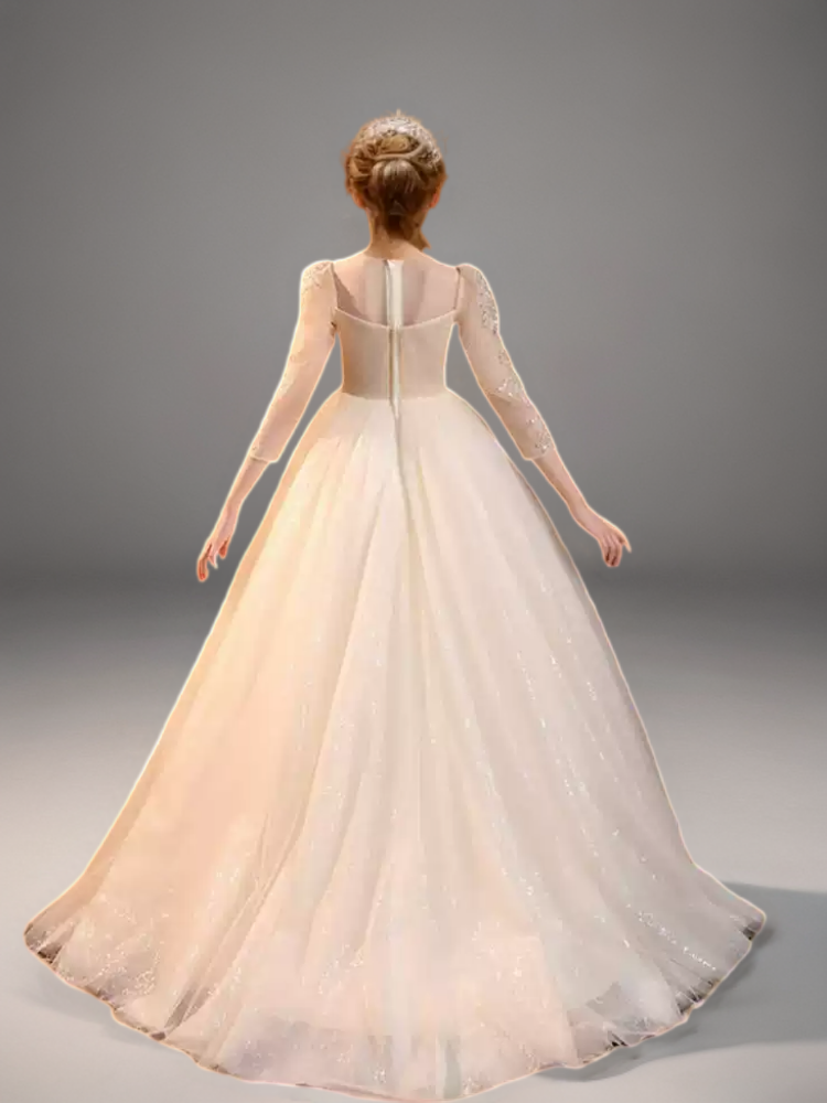 Champagne Lace Appliqué Flower Girl Dress with Sheer Long Sleeves – Tulle Folwer Girl Dress Plus Size