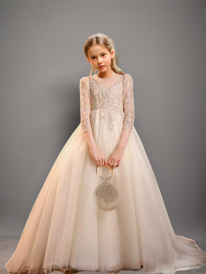 Champagne Lace Appliqué Flower Girl Dress with Sheer Long Sleeves – Tulle Folwer Girl Dress Plus Size