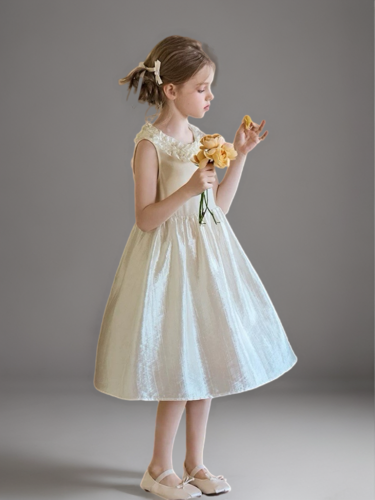 Champagne Sleeveless Flower Girl Dress with Floral Neckline – Elegant Knee Length Flower Girl Dress Plus Size