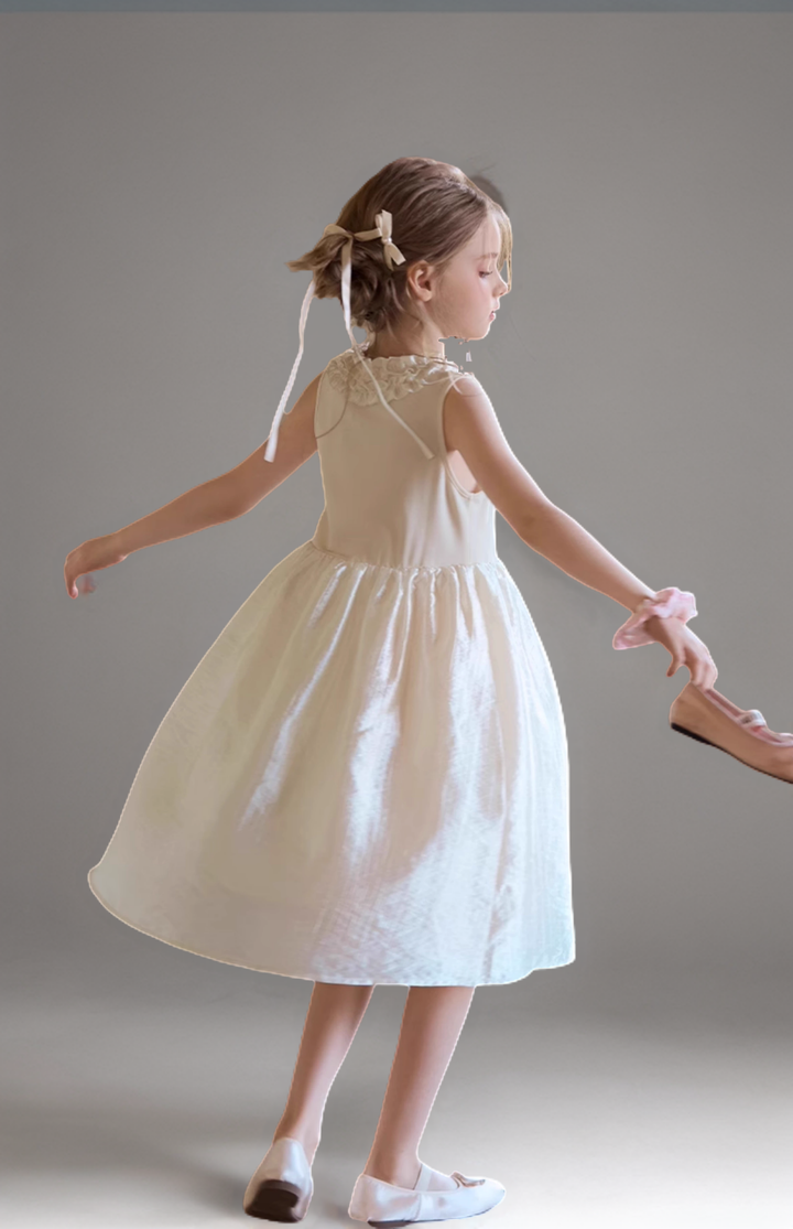 Champagne Sleeveless Flower Girl Dress with Floral Neckline – Elegant Knee Length Flower Girl Dress Plus Size
