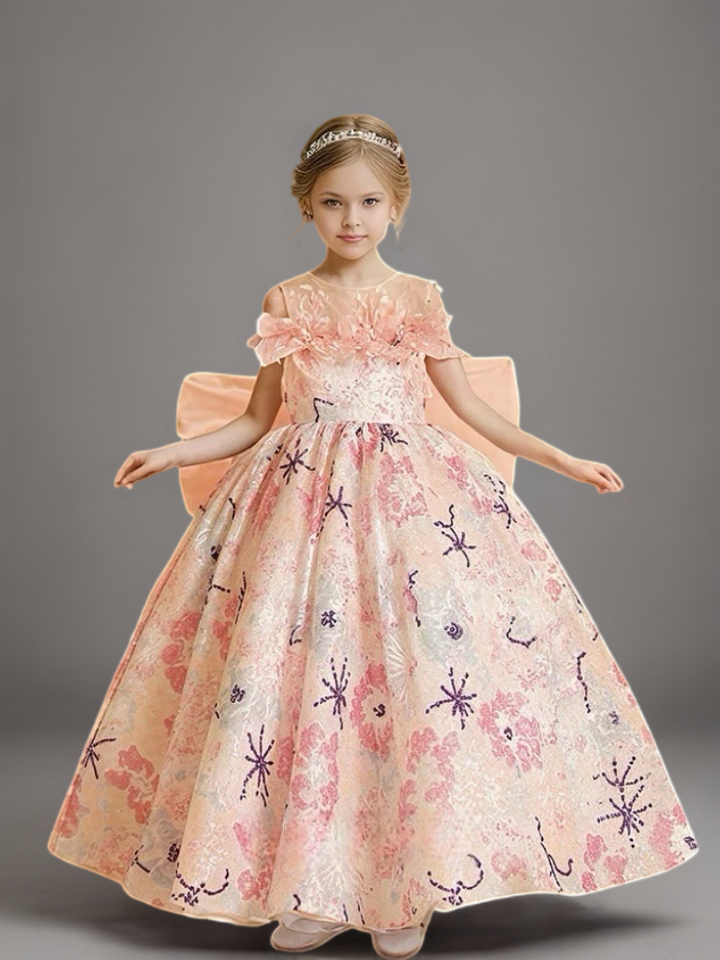 Pink Floral Jacquard Flower Girl Dress with Oversized Bow – Elegant Special Occasion Flower Girl Dress Plus Size