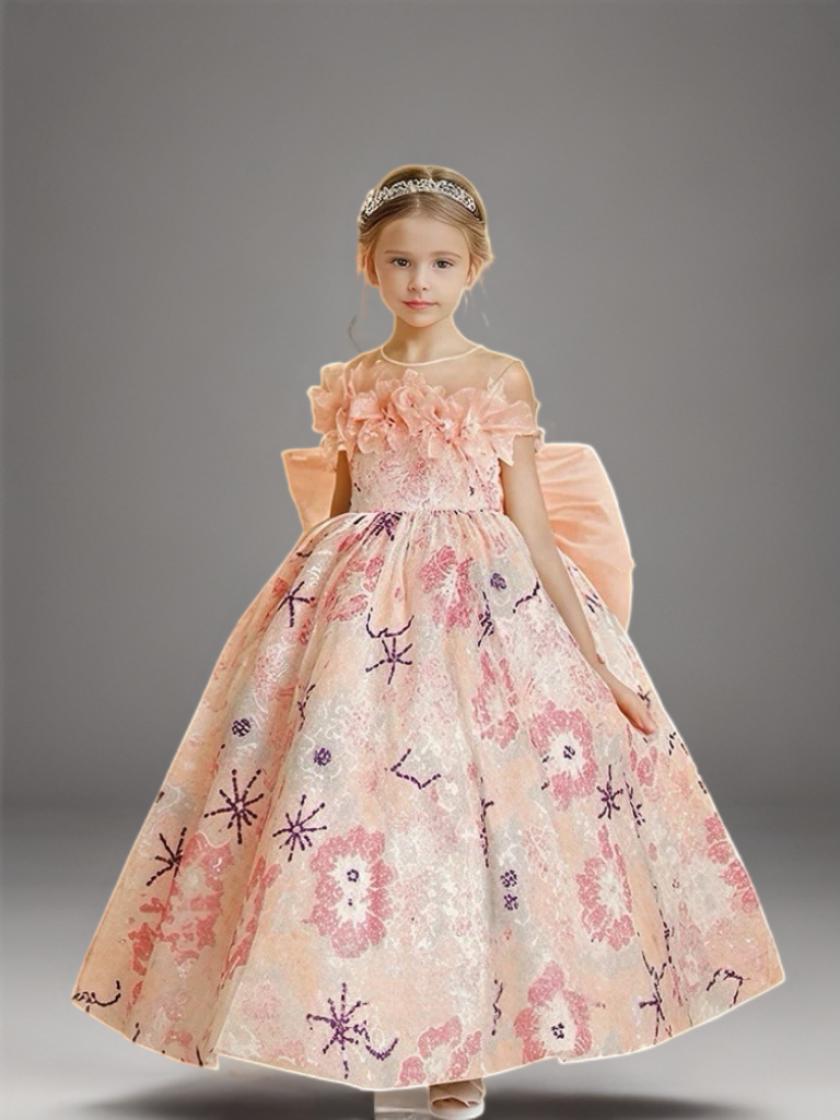 Pink Floral Jacquard Flower Girl Dress with Oversized Bow – Elegant Special Occasion Flower Girl Dress Plus Size