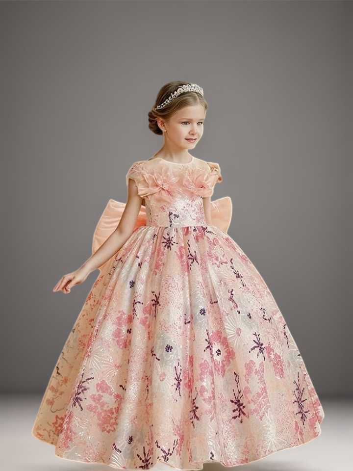 Pink Floral Jacquard Flower Girl Dress with Oversized Bow – Elegant Special Occasion Flower Girl Dress Plus Size