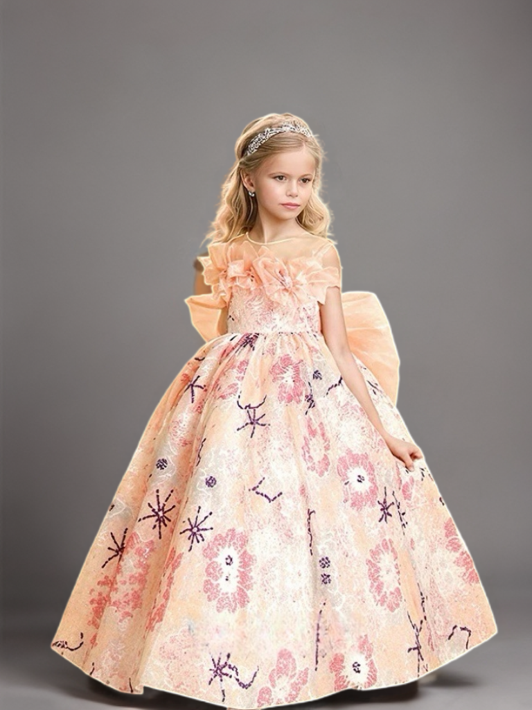 Pink Floral Jacquard Flower Girl Dress with Oversized Bow – Elegant Special Occasion Flower Girl Dress Plus Size