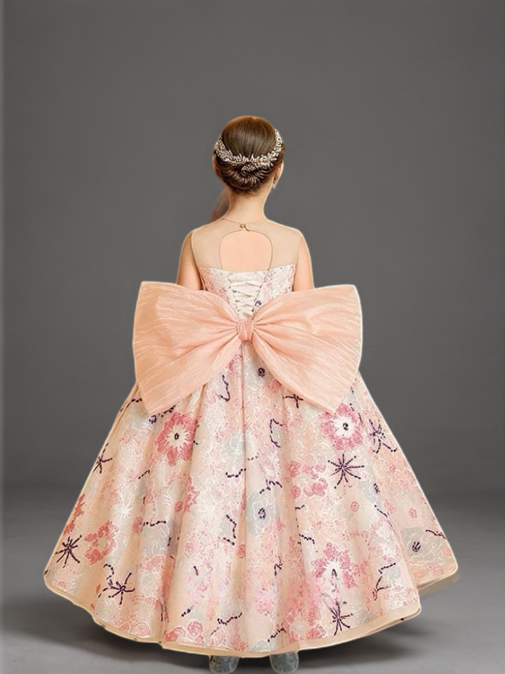 Pink Floral Jacquard Flower Girl Dress with Oversized Bow – Elegant Special Occasion Flower Girl Dress Plus Size