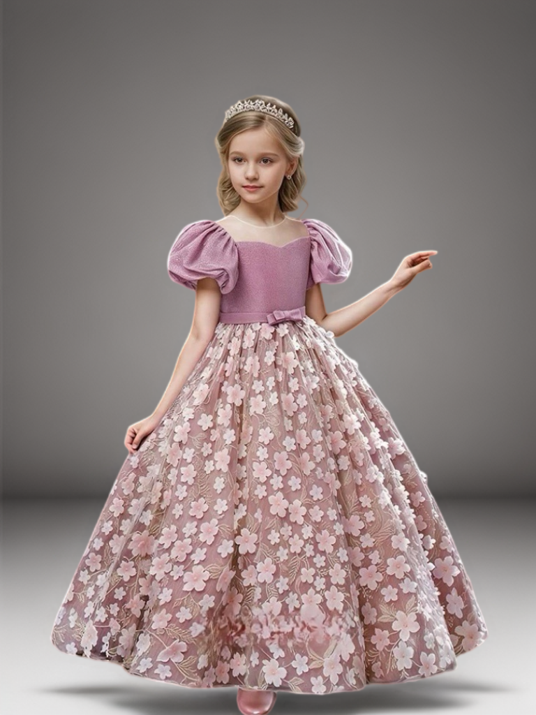 Mauve Rose Pink Puff Sleeve Flower Girl Dress with Floral Appliqué – Elegant Tulle Flower Girl Dress Plus Size