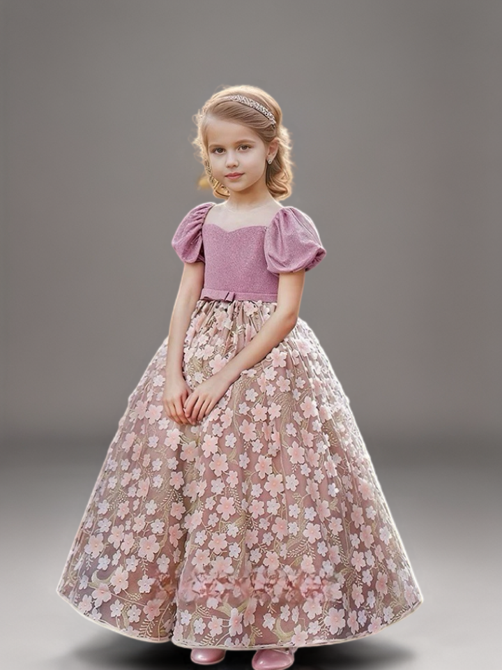 Mauve Rose Pink Puff Sleeve Flower Girl Dress with Floral Appliqué – Elegant Tulle Flower Girl Dress Plus Size