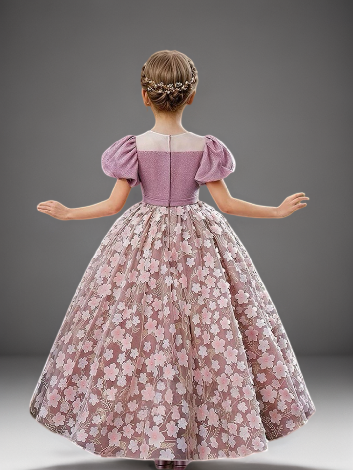 Mauve Rose Pink Puff Sleeve Flower Girl Dress with Floral Appliqué – Elegant Tulle Flower Girl Dress Plus Size