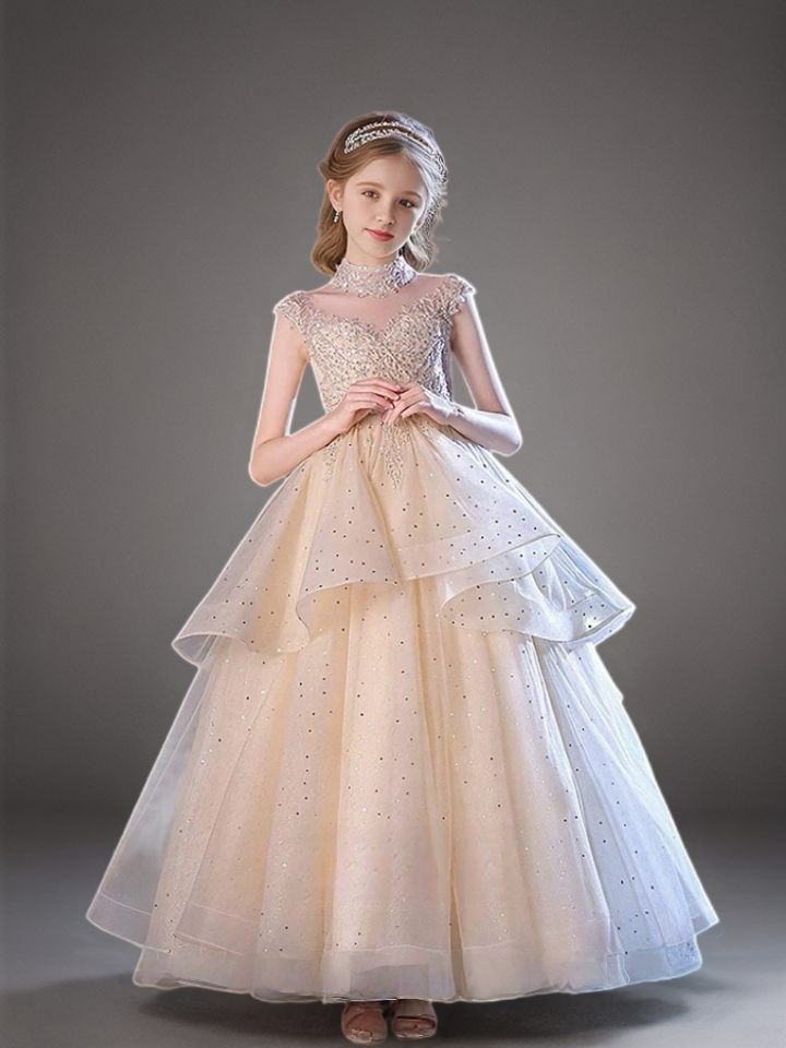 Champagne Layered Tulle Flower Girl Dress with Beaded Bodice – Elegant Sparkly Flower Girl Dress Plus Size