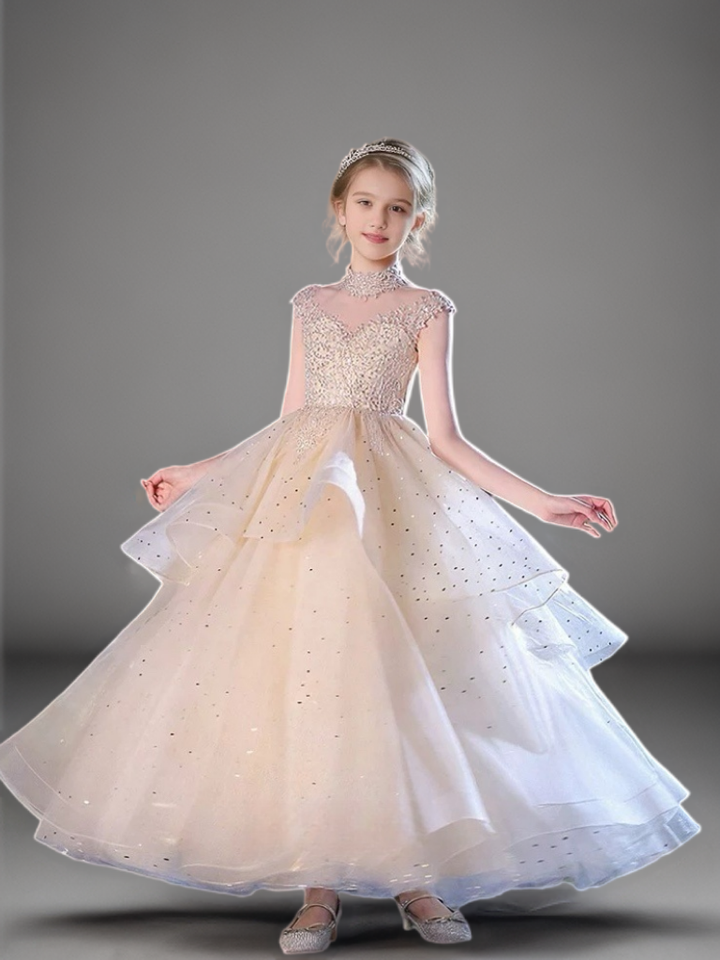 Champagne Layered Tulle Flower Girl Dress with Beaded Bodice – Elegant Sparkly Flower Girl Dress Plus Size
