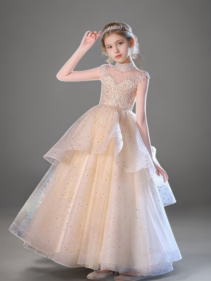 Champagne Layered Tulle Flower Girl Dress with Beaded Bodice – Elegant Sparkly Flower Girl Dress Plus Size