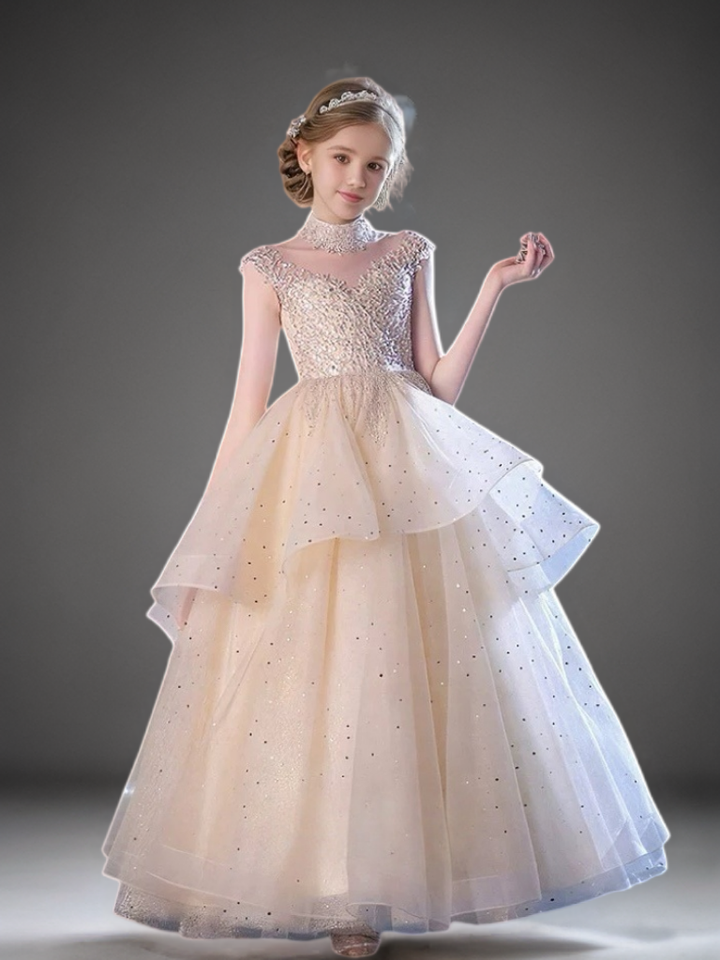 Champagne Layered Tulle Flower Girl Dress with Beaded Bodice – Elegant Sparkly Flower Girl Dress Plus Size